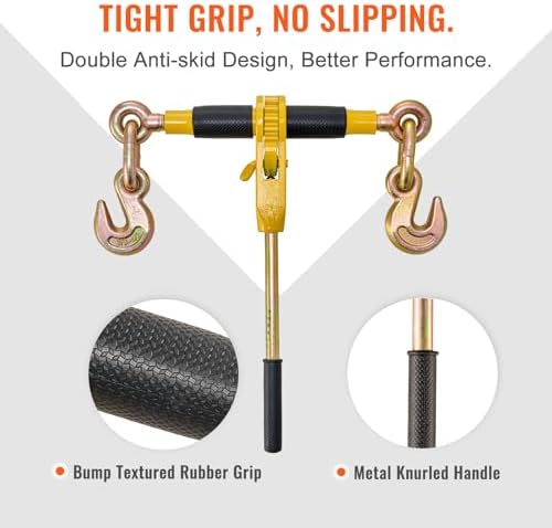 VEVOR 3/8"-1/2" Ratchet Chain Binder with Chain, G80 12000 lbs Secure Limit, Heavy Duty Load, Labor-Saving Anti-Skid Handle, Tie Down Hauling Chain Binders for Flatbed Truck Trailer, 2 Set & Yellow - Image 5