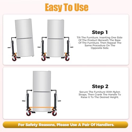1100LBS Manual Furniture Mover, 2 Funiture Handling Tool, 11.8in Lift Height Two 190-inch Nylon Straps 6Inch 4-Wheels Carbon Steel Material Heavy Duty Transport Equipment w/2 Handles - Image 5