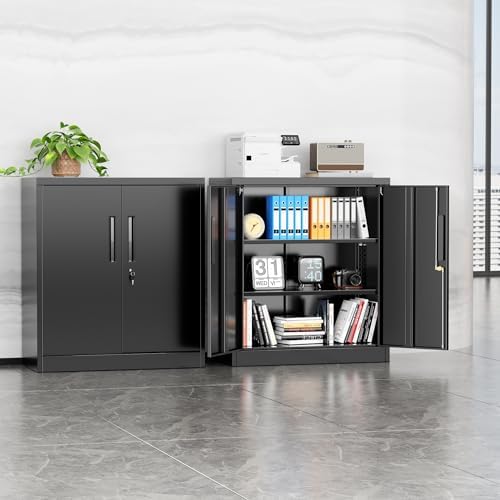 INTERGREAT Metal Storage Cabinet with Locking Doors, Lockable Steel Storage Cabinets with 2 Doors and Shelves, Black Metal Cabinets with Lock, Small Steel Cabinet for Office, Garage, Home, Shop - Image 2