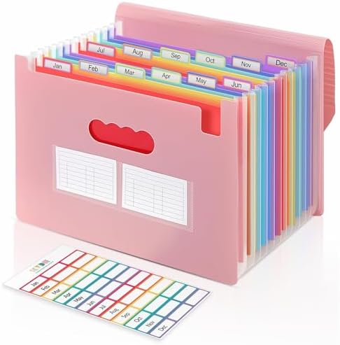 SKYDUE Accordion File Organizer, Expanding File Folder with 13 Pockets, Portable Document Paper Bill Receipt Organizer, Home School Office Supplies, Letter A4 Size Pink by SKYDUE