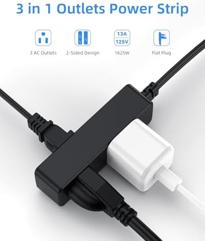 Flat Plug Extension Cord with 3 Outlets - 8Ft Low Profile Indoor 3 Prong Grounded Power Strip for Home Office & Travel - 16 AWG 13A/1625W, Black - Image 2