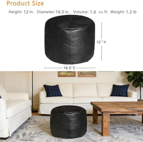 Thgonwid Unstuffed Faux Leather Pouf Cover, Handmade Footstool Ottoman Storage Solution, Floor Footrest Cushion - 16.5" Dx12 H, Pure Black - Image 3