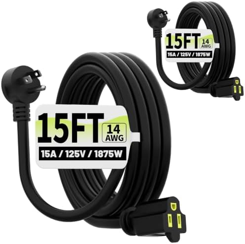 Vockjour 15 FT 2 Pack 14 Gauge Low Profile Flat Plug Extension Cord Black by Vockjour