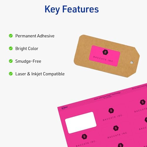 Avery Printable Address Labels with Sure Feed, 1" x 2-5/8", Assorted Neon Colors (Magenta, Green and Yellow), Laser & Inkjet Compatible, 450 Blank Labels Total (5979) - Image 3