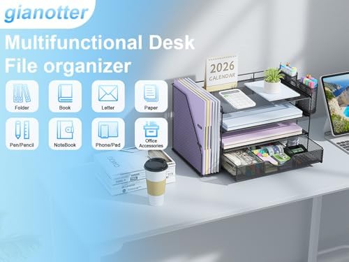gianotter Desk Organizers and Accessories with File Holder, 4-Tier Desk Accessories & Workspace Organizers with Drawer and 2 Pen Holder, Paper Organizer for Office Supplies (Black) - Image 4
