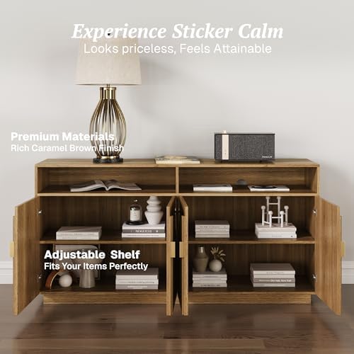 BELLEZE 65" Stacked Sideboard Buffet Cabinet - Caramel Brown - Image 4