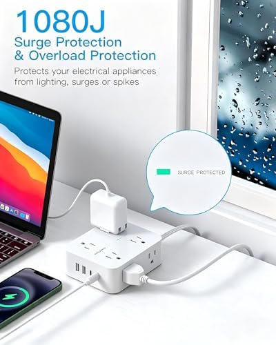 15Ft Long Extension Cord with Ultra-Thin Flat Plug, 8 Widely Spaced Outlets - Image 4