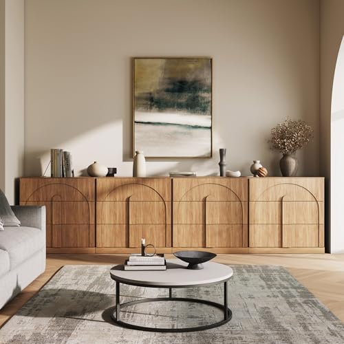 BELLEZE Sideboard Cabinet with 3 Drawers, Set of 4 Modern Wood Buffet Cabinet with Arc Design, Large Fluted Sideboard with Storage for Kitchen Living Room Entryway, Camel by BELLEZE