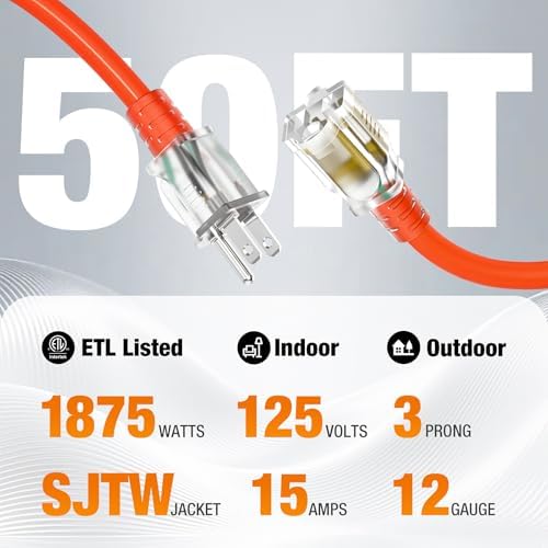 12/3 Gauge Outdoor Extension Cord 50 FT Heavy Duty Waterproof Orange - Image 3