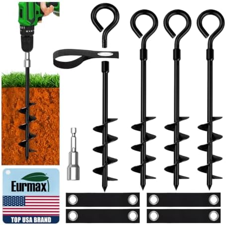 Eurmax USA 4 Pack Heavy Duty Ground Stakes&Anchors,Commercial Spiral Screw-in Trampoline Stakes with Reinforced Tie-Down Straps,High Wind Stabilizing Kit for Canopies,Outdoor Sheds,Swing Sets(Black) by Eurmax