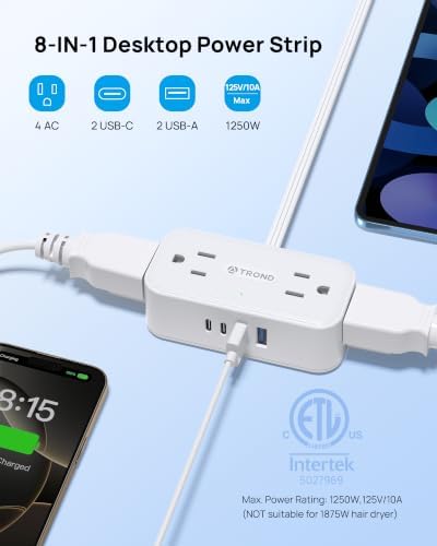 TROND 360° Rotating Flat Plug Power Strip 5ft, 4 Widely AC Outlets, White - Image 3