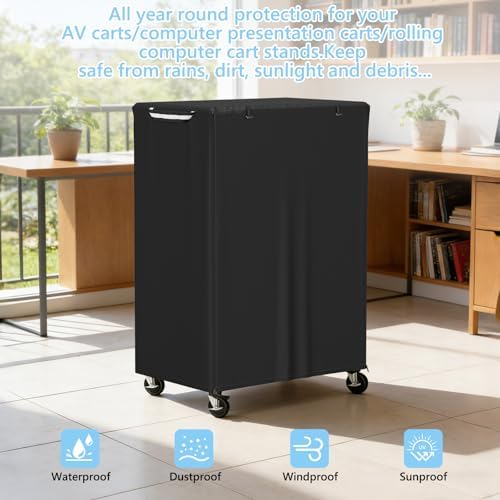 COSHNIBI AV Cart Cover, Heavy Duty Waterproof Rolling Media Cart Cover for Multi-Functional Media Carts/Metal Computer Presentation Stand with Wheels,29" L x 19" W x 40" H,Black - Image 6
