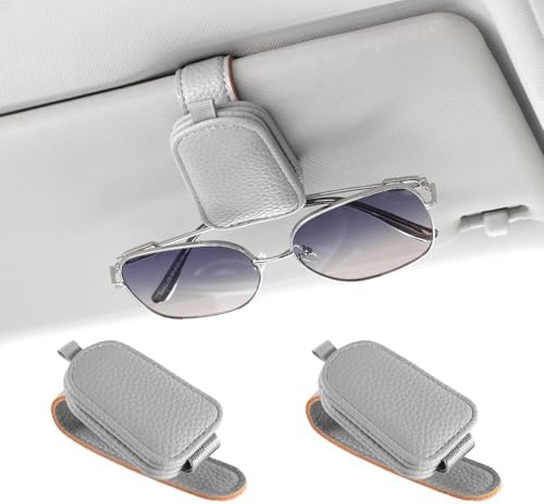 JUSTTOP 2 Pack Sunglasses Holders for Car, Magnetic Leather Buckle Sun Visor Sunglass Clip, Ticket Card Clip Sunglasses Mount, Car Interior Accessories for Men and Women (Gray) by JUSTTOP