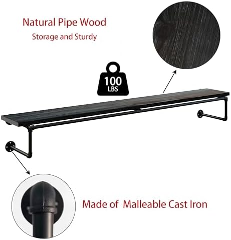 Clothes Rack 70in, Wall Mounted Garment Racks with Real Black Wood Shelf, Heavy Duty Hanging Clothes Rack, Multi-Purpose Hanging Rod, Space-Saving Closet Storage - Image 3