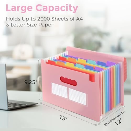 SKYDUE Accordion File Organizer, Expanding File Folder with 13 Pockets, Portable Document Paper Bill Receipt Organizer, Home School Office Supplies, Letter A4 Size Pink - Image 3