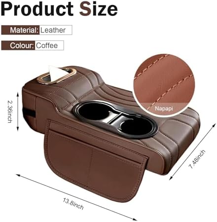 Car Armrest Cushion, Exquisite Embroidered Lines 4-in-1 Car Center Console Organizer Pad with Tissue Box, Cup Holder, 2 Storage Bags, Universal for Most Cars (Coffee) - Image 2