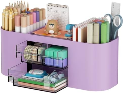 Marbrasse Pen Holder for Desk with 3 Drawers, Multi-Functional Pencil Holder, Desk Organizers and Accessories with 7 Compartments for Home, School, Classroom (Purple) by Marbrasse