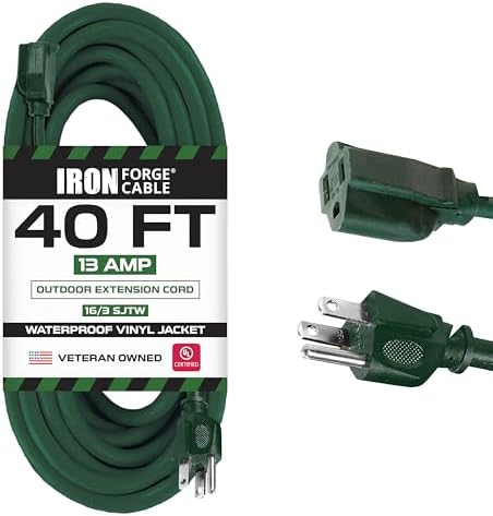 Iron Forge Cable 40 Foot Outdoor Extension Cord - 16/3 SJTW Durable Green Extension Cable with 3 Prong Grounded Plug for Safety - Great for Powering Outdoor Christmas Decorations by IronForgeCable