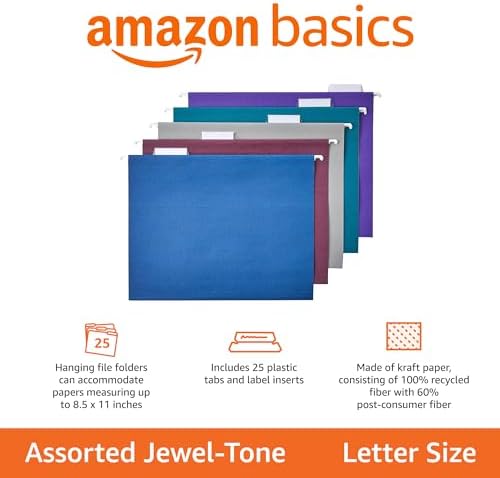 Amazon Basics Hanging File Folders with Adjustable Tabs for Document Organization, Letter Size, Assorted Jewel-Tone Colors, 25-Pack - Image 2