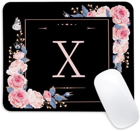 Letter X Black and Pink Flowers Square Mouse Pad, Mouse Pad with Stitched Edge and Non-Slip Rubber Base,Mouse Mat,Home Office Decor Desk Accessories,9.4x7.8x0.12 inch Square Mouse Pad by Unknown