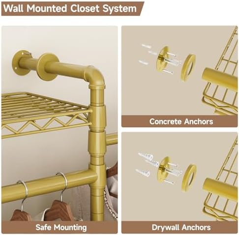 ComfyCorner Wall Mounted Garment Rack, Industrial Pipe Clothing Rack Gold - Image 7