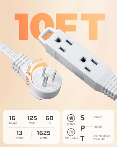 DEWENWILS 10FT Flat Plug Extension Cord, 360° Rotating Plug, 16/3 - Image 3
