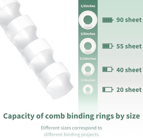 RAYSON Plastic Binding Combs, Mixed Size, 19rings, 1/4in, 5/16in, 3/8in, 1/2in, Binding Capacity 20-90 Sheets, Letter Size, White, Pack of 100 - Image 2