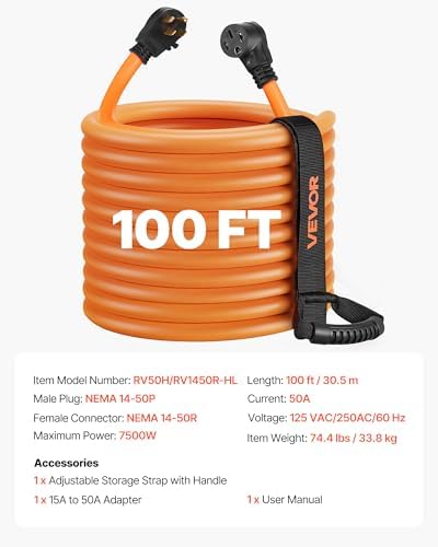 VEVOR 50 Amp 100 Feet RV Extension Cord, 125V/250V, Heavy Duty 6/3 + 8/1 Gauge STW RV Power Cord, NEMA 14-50P to NEMA 14-50R, with Power Indicator, Cord Organizer, 15A Adapter, for Camper Trailer - Image 7