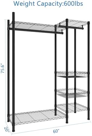 Xiofio 6 Tiers Heavy Duty Clothes Rack,Metal Clothing Rack, Adjustable Clothing Rack with Hanging Rod and Wire Fixing Baskets,Max Load 600LBS,Black - Image 6