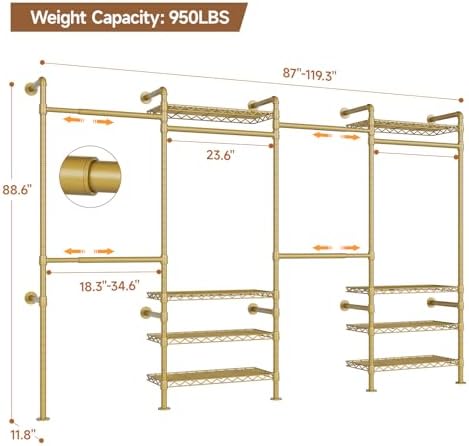 ComfyCorner Wall Mounted Garment Rack, Industrial Pipe Clothing Rack Gold - Image 2