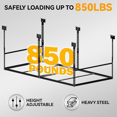 4x8 Ft Overhead Garage Storage Rack, 28-41 inch Height Adjustable Ceiling Mounted Organization Rack, 850 lbs Weight Capacity, 48"x96" Heavy Duty Space-Saving Metal Rack for Garage Storage - Image 3
