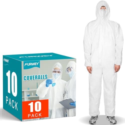 FURWEY Hazmat Suits 1/10 Pack Disposable Coveralls, with Elastic Wrists, Ankles and Hood, Available in 4 sizes by FURWEY