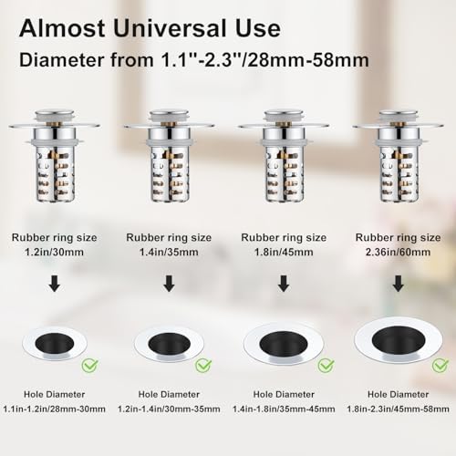 Bathroom Sink Drain Strainer, 2PCS Pop Up 3 in 1 Bathroom Sink Stopper with Removable Stainless Steel Filter Basket Drain Hair Catcher, Sink Plug for 1.1''~2.36'' Basin, Brass Bullet Core, Chrome - Image 4