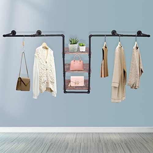 Wall-Mounted Clothing Rack, Industrial Pipe Clothing Rack with 3 Tiers Wood Shelf, Heavy Duty Rustic Garment Hanging Bar, 86.6"L X 37.4"W X 10.6"H Multi-Purpose Storage Rack for Home Clothing Store - Image 4