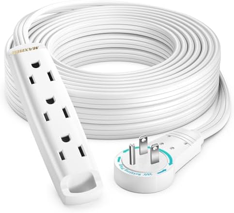 Maximm 25 Ft 360 Rotating Flat Plug Extension Cord, 3-Outlet, White, UL by MaximmCable
