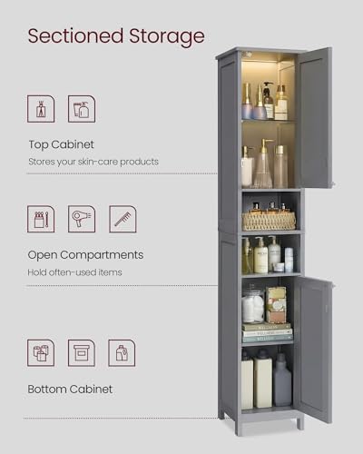 VASAGLE Tall Storage Cabinet with Lights, Slim, 11.8" W, Dove Gray - Image 5