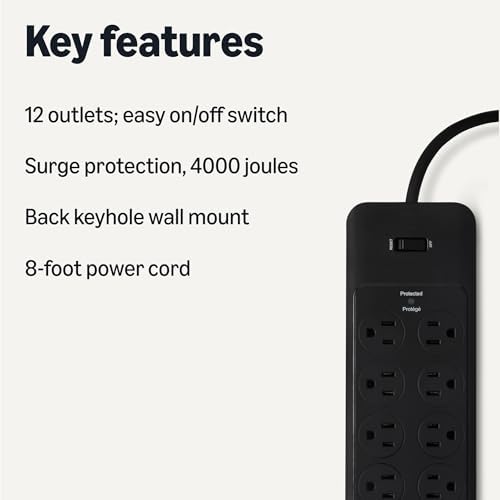 Amazon Basics 12-Outlet Surge Protector Power Strip, 4000 Joules, 8ft Extension Cord, Rectangle, for Home, Office, Gaming Room, Black (Pack of 2) - Image 2