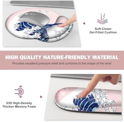 Gaming Mouse Pad, Large Desk Mat, Cute Desk Pad Protector, Pink Cherry Blossoms XXL Mousepad + Keyboard Wrist Rest+Mouse Wrist Rest+Coaster Set with Ergonomic Desk Pad, Japanese Wave of Kanagawa - Image 3