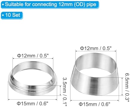 PATIKIL 12mm Tube OD 304 Stainless Steel Compression Tube Fitting Sleeve, 10 Pack Double Ferrule Ring Tubing Fitting Assortment Kit, Silver - Image 2