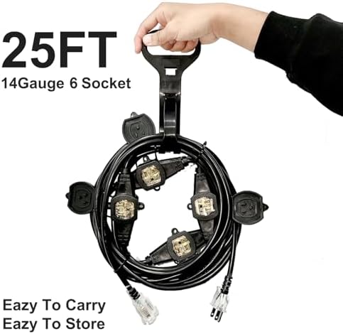 oviitech 25FT Power Extension Cord 3 Prong, 14 Gauge SJTW 5-15R Male Plug to Female Connector,7 Outlet Cable,Multiple Evenly-Spaced Plug,Suitable for Stage Setting or Outdoor. - Image 3