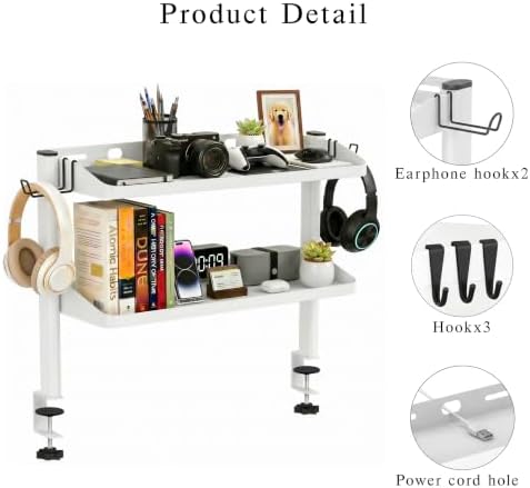 Clamp on Desk Shelf White, 24in 2-Tier Office Desk Shelves Organizer, Shelf for Top of Desk with Headphone Holder and Hooks, Desktop Storage Rack for Home Workspace, Study Rooms, Gaming Accessories - Image 3