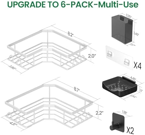 Adhesive Shower Caddy, 6 Pack Corner Bath Organizer, Rustproof Stainless Steel Shower Shelves with Large Capacity, No Drilling Shelves for Bathroom Storage, Home, Kitchen Décor (White). - Image 2