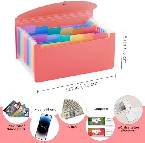 13 Pocket A6 Receipt Organizer, 2 Pack Small Accordion File Organizer, Coupon Organizer with Labels - Pink - Image 2