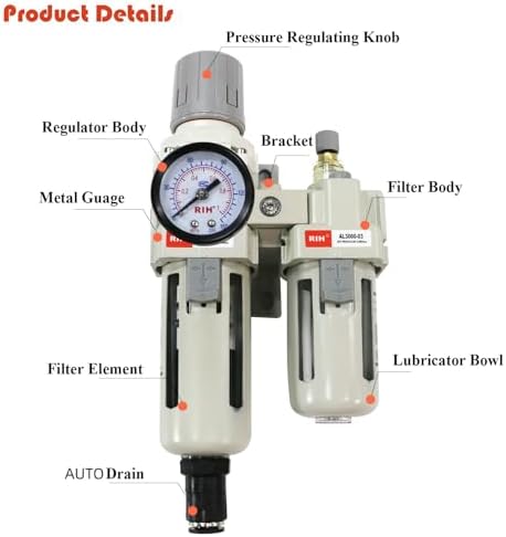 RIH Pneumatics Compressed Air Filter Regulator Lubricator Combo Water/Oil Trap Separator - Gauge(0-150 psi), Semi-Auto Drain, Poly Bowl,Bracket - 3 in 1 Two Unit (3/8“ NPT Auto Drain) - Image 6