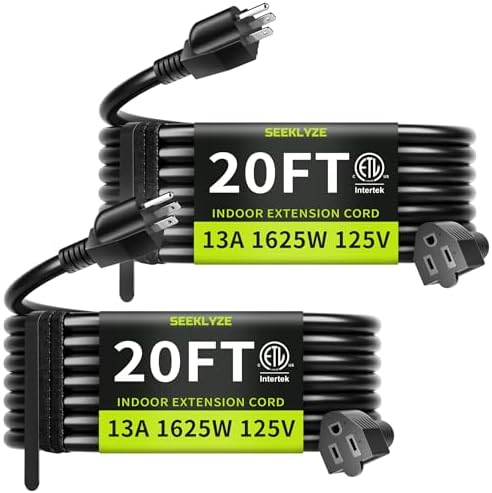 16/3 Black 20 FT (2Pack) Extension Cord Indoor for Appliances by Seeklyze