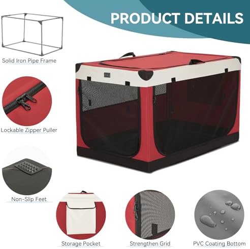 PETSFIT 40" Soft Portable Dog Crate – Patented Spiral Sturdy Frame, Collapsible Travel Kennel for Large Dogs, 3 Mesh Door, Lockable Zippers, Indoor & Car Use Red - Image 5