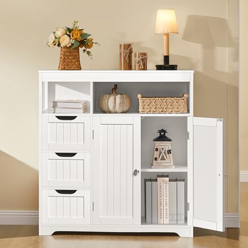 Yaheetech Small Bathroom Storage Cabinet with 3 Drawers & 2 Doors, White - Image 4