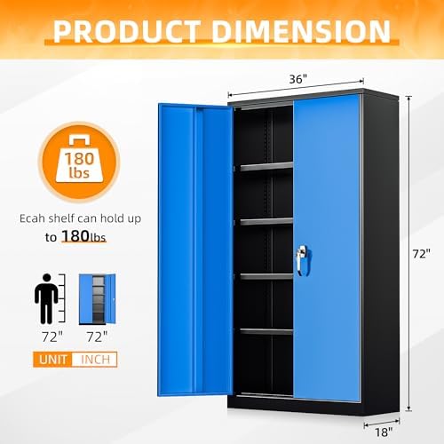 INTERGREAT Metal Storage Cabinet with Lock, 72" H Garage Cabinets with Doors and Adjustable Shelves, Lockable Metal Cabinets for Garage, Home, Office(Black-Blue) - Image 3