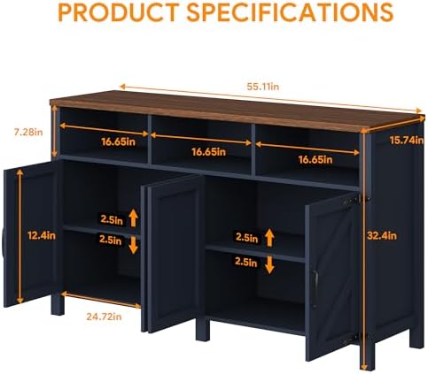 knoworld Buffet Sideboard with Storage Farmhouse, Large Kitchen Storage Cabinet Wood Coffee Bar Cabine Buffet for Kitchen, Living Room, 55in, Blue - Image 2