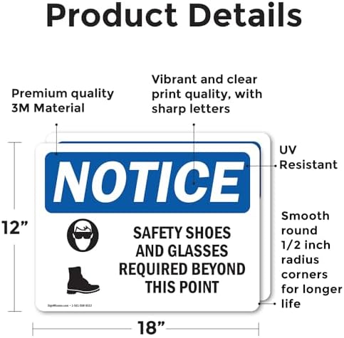 (2 Pack) Safety Shoes And Glasses Required Sign With Symbol OSHA Notice Sign 18 Inch X 12 Inch Vinyl Label Decal Sticker Weather Resistant, UV Protected for Workplace, Business, and Construction Site, Made in the USA - Image 2